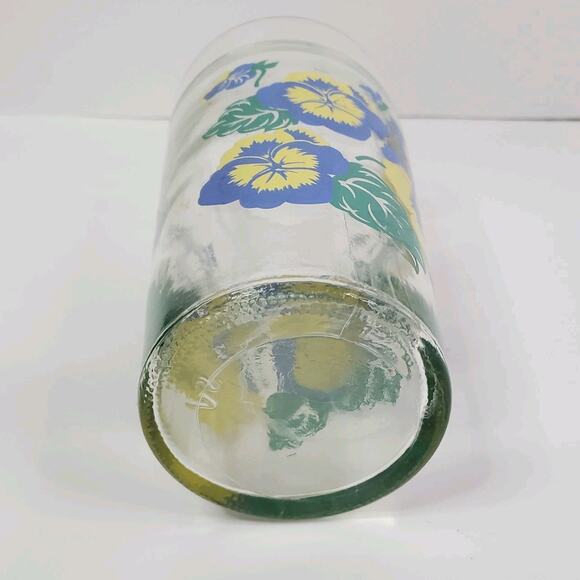 VTG Anchor Hocking Blue And Yellow Pansies 1980s Drinking Glass 6” - Picture 4 of 7
